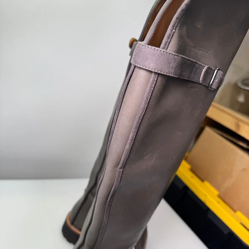 New Franco‎ Sarto Cutler Tall Riding Boots Womens 10M Grey Leather Buckle Knee